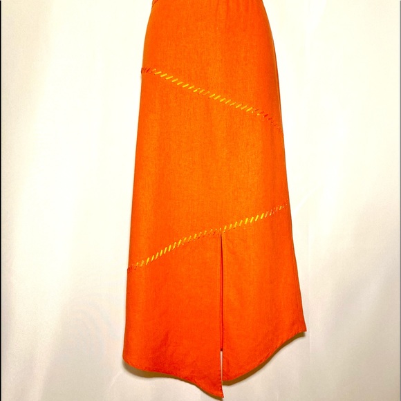 SELENE Sport Linen mix orange stylish Skirt Asymmetric Embellished midi - Picture 2 of 13